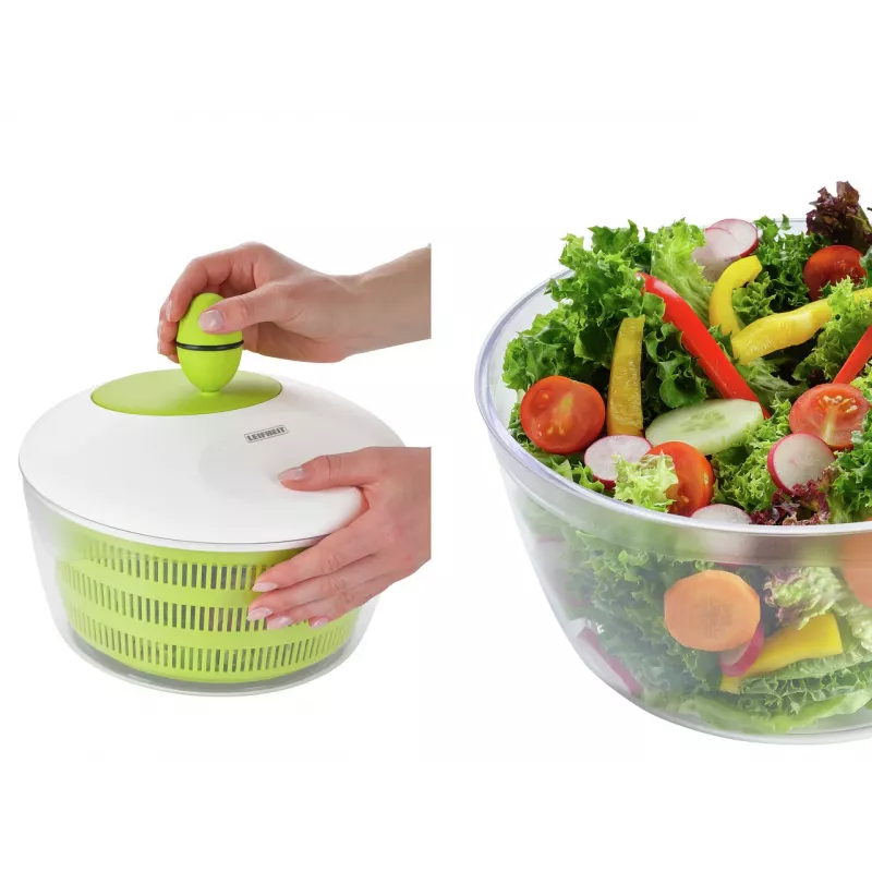 LEIFHEIT Salatschleuder Trend 4,5L kurbelbetriebene Salatschleuder mit Servierschüssel, grüner Deckel