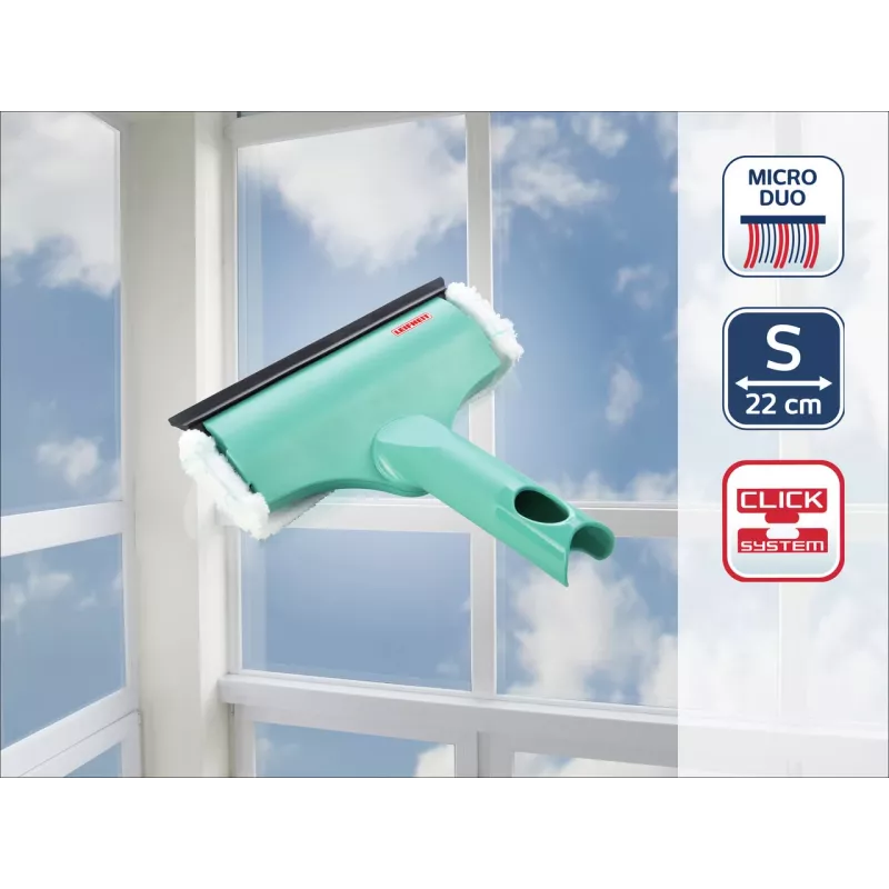 LEIFHEIT Fenster- & Rahmenreiniger 3in1 Mini micro duo - 20 cm Mikrofaser-Kopf mit integriertem Abzieher, Click-System-kompatibel