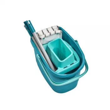LEIFHEIT Clean & Compact Bodenreinigungsset mit Flachmopp und Fußpedal-Wringer, 8L Eimer, Mikrofaser-Kopf, 33cm, Weiß/Blau