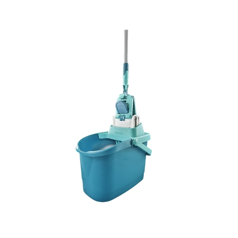 LEIFHEIT Clean & Compact Bodenreinigungsset mit Flachmopp und Fußpedal-Wringer, 8L Eimer, Mikrofaser-Kopf, 33cm, Weiß/Blau