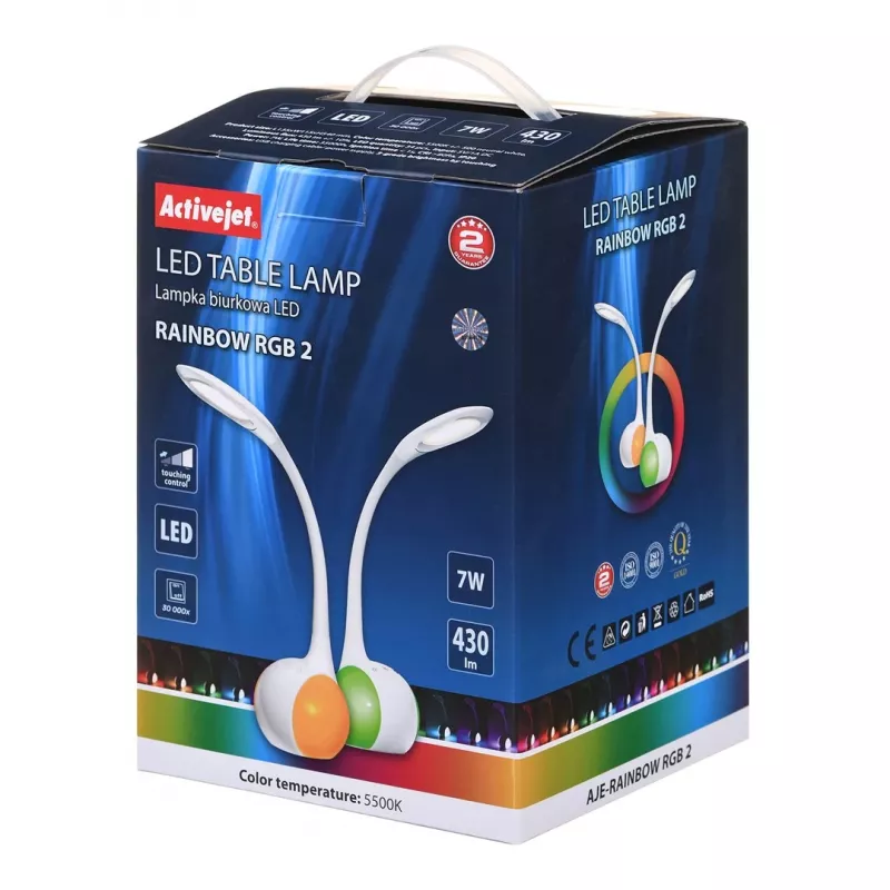 Activejet AJE-RAINBOW 2 LED Schreibtischlampe mit RGB-Basis, flexibler Arm, dimmbar, Touch-Steuerung, 7W Hauptlicht, 350lm, 2800K-6500K, Schwarz