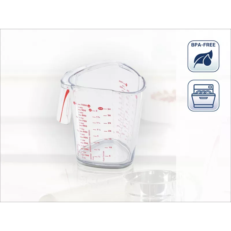 LEIFHEIT Messbecher 1L, Transparent, SAN-Kunststoff, ml/L/Gramm-Skalen, spülmaschinenfest