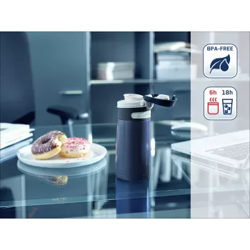 LEIFHEIT Thermos Flip 350 ml dunkelblauer vakuumisolierter Thermobecher aus Edelstahl