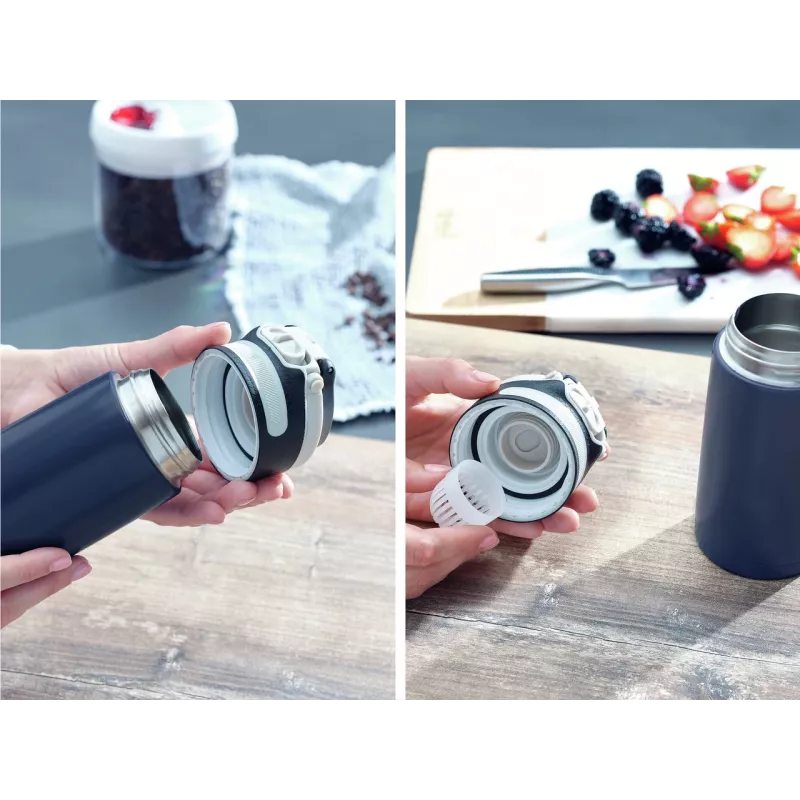 LEIFHEIT Thermos Flip 350 ml dunkelblauer vakuumisolierter Thermobecher aus Edelstahl