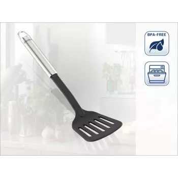LEIFHEIT Sterling Nylon-Pfannenwender mit Edelstahlgriff, 33 cm, Schwarz/Silber