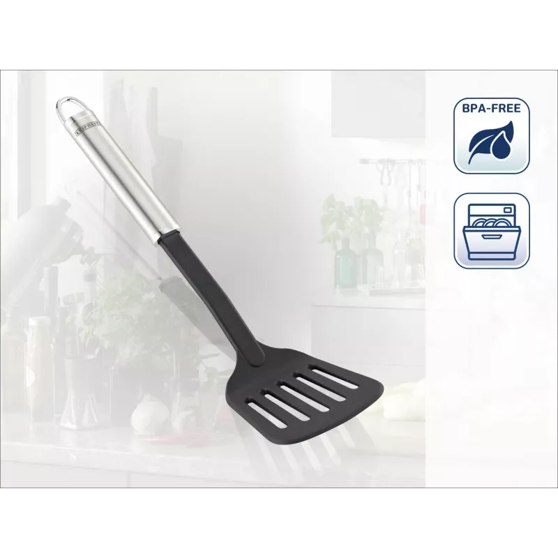 LEIFHEIT Sterling Nylon-Pfannenwender mit Edelstahlgriff, 33 cm, Schwarz/Silber