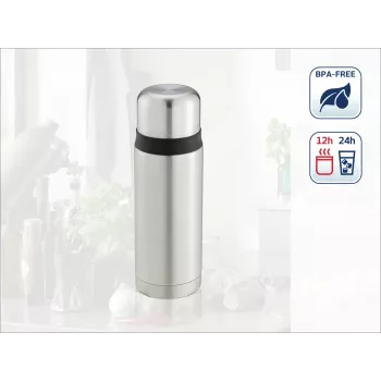 LEIFHEIT Thermos Coco 0,75L Vakuum-Isolierflasche, Edelstahl mit Glas-Innenbehälter, Silber
