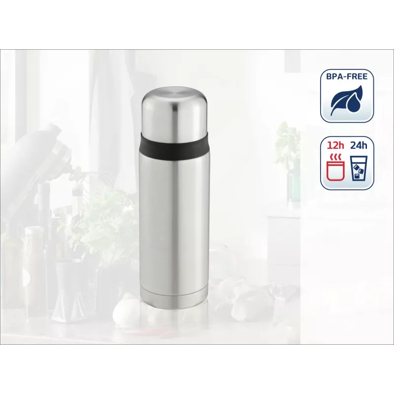 LEIFHEIT Thermos Coco 0,75L Vakuum-Isolierflasche, Edelstahl mit Glas-Innenbehälter, Silber