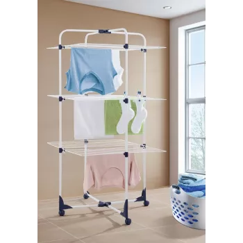 LEIFHEIT Classic Tower 270 Wäscheständer für drinnen und draußen, 27 m Trockenlänge, faltbar, 3 Ebenen, Weiß/Blau