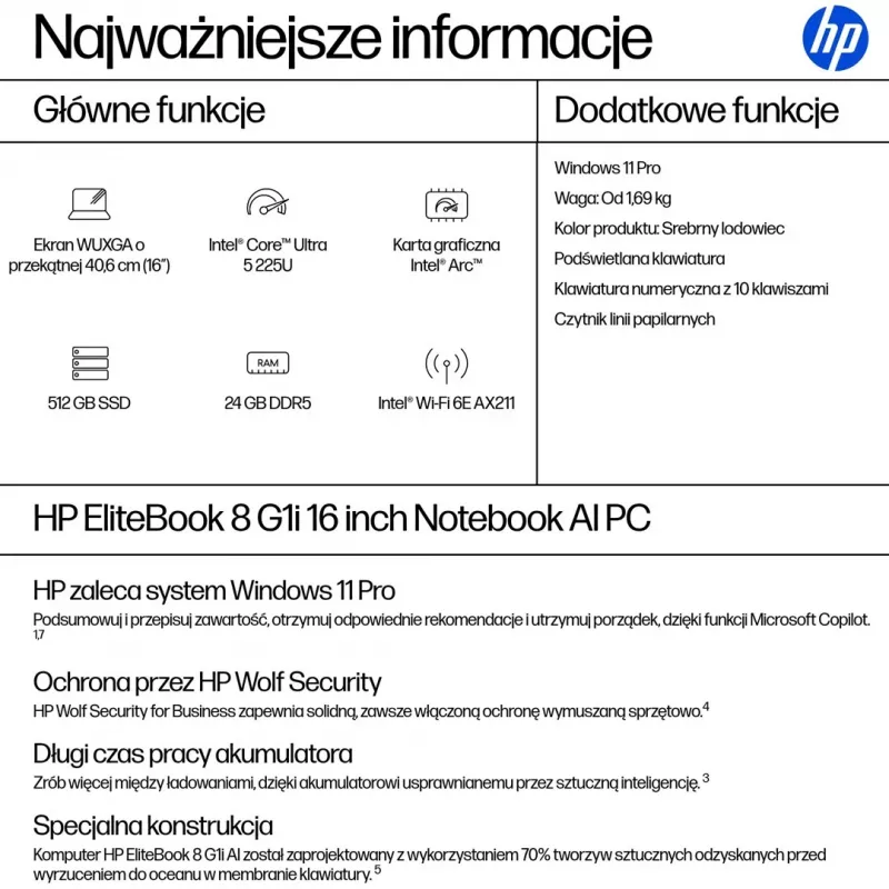 HP EliteBook 8 G1i 16 inch WUXGA Laptop - Intel Core Ultra 5 225U, 24GB RAM, 512GB SSD, Windows 11 Pro, Silber