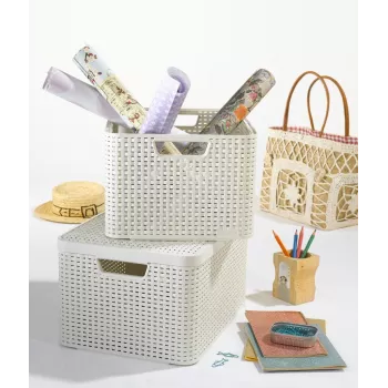 Curver Style M 17L Aufbewahrungsbox mit Deckel, Rattan-Effekt, Creme