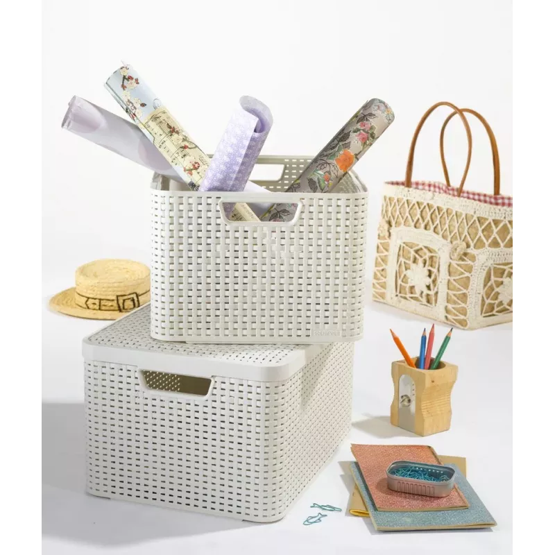 Curver Style M 17L Aufbewahrungsbox mit Deckel, Rattan-Effekt, Creme