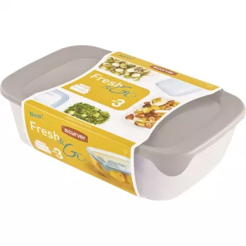 Curver Fresh & Go Aufbewahrungsboxen-Set, 3 rechteckige Behälter, 2L + 1L + 0,5L, transparent mit farbigen luftdichten Deckeln