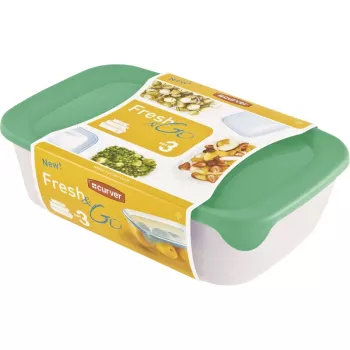 Curver Fresh & Go Aufbewahrungsboxen-Set, 3 rechteckige Behälter, 2L + 1L + 0,5L, transparent mit farbigen luftdichten Deckeln