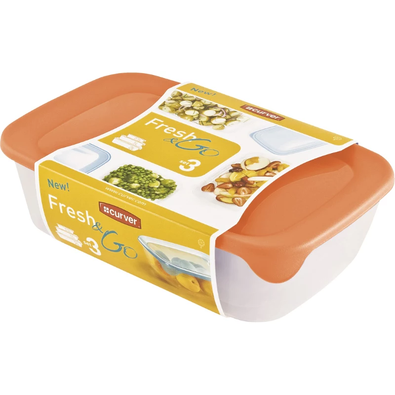 Curver Fresh & Go Aufbewahrungsboxen-Set, 3 rechteckige Behälter, 2L + 1L + 0,5L, transparent mit farbigen luftdichten Deckeln