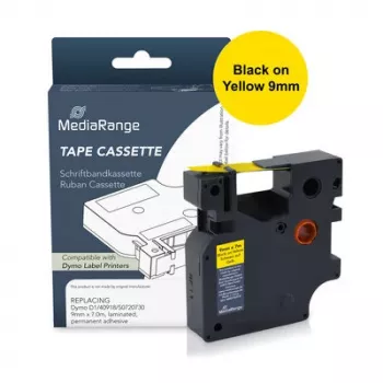 MediaRange Kunststoff-Schriftbandkassette, ersetzt Dymo D1 40918/S0720730, 9 mm x 7 m, laminiert, permanent haftend, schwarz auf gelb (MRDY40918)