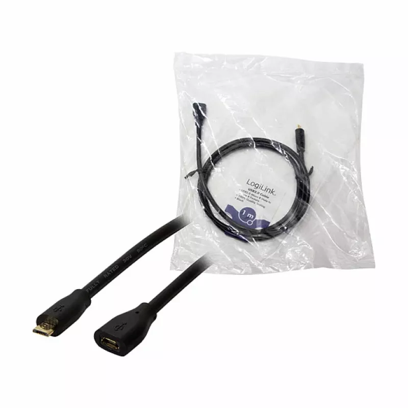 LogiLink CU0121 USB 2.0 Micro-B Stecker auf Micro-B Buchse Verlängerungskabel, 1 m, Schwarz