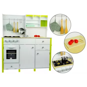 LEAN TOYS Spielküche aus Holz für Kinder Grün und Weiß Paula mit zu öffnendem Backofen und Mikrowelle
