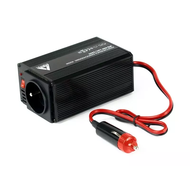 AZO Digital IPS-400 400W 12V DC auf 230V AC Wechselrichter mit modifizierter Sinuswelle, Schuko-Steckdose, Batterieklemmen und Zigarettenanzünderstecker