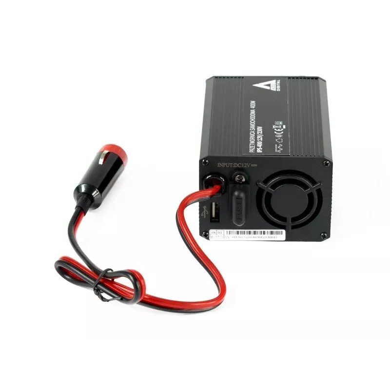 AZO Digital IPS-400 400W 12V DC auf 230V AC Wechselrichter mit modifizierter Sinuswelle, Schuko-Steckdose, Batterieklemmen und Zigarettenanzünderstecker
