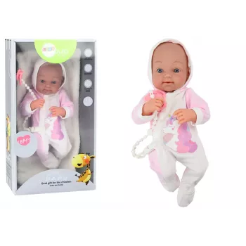 LEAN TOYS Babypuppe mit Schnuller, Einhorn-Strampler, rosa Decke und Zubehör, 35 cm