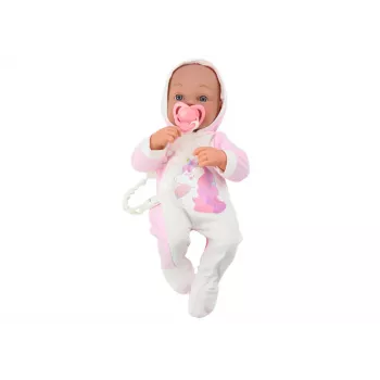 LEAN TOYS Babypuppe mit Schnuller, Einhorn-Strampler, rosa Decke und Zubehör, 35 cm
