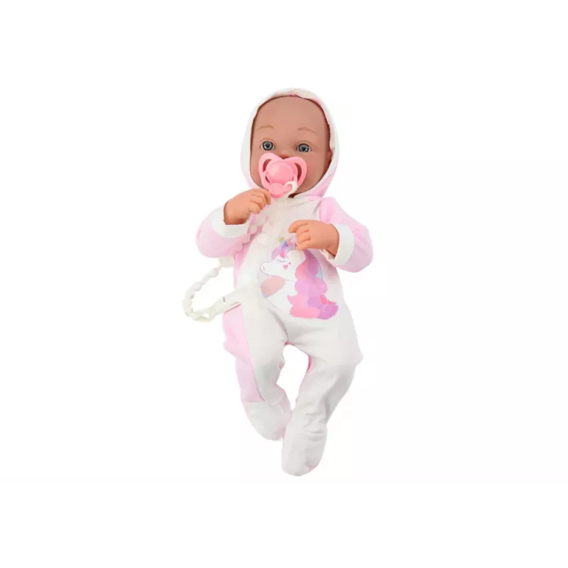 LEAN TOYS Babypuppe mit Schnuller, Einhorn-Strampler, rosa Decke und Zubehör, 35 cm