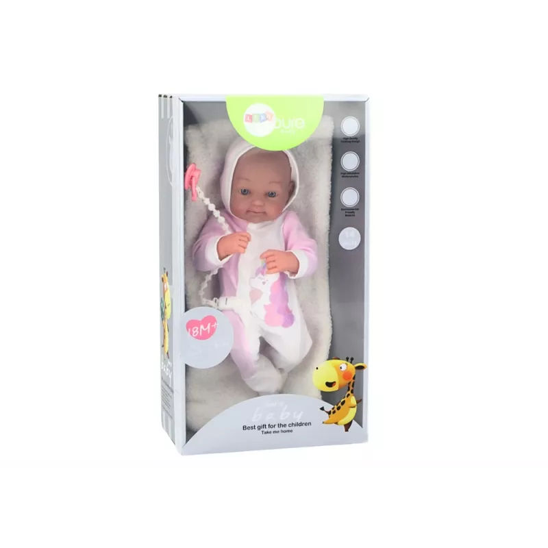 LEAN TOYS Babypuppe mit Schnuller, Einhorn-Strampler, rosa Decke und Zubehör, 35 cm