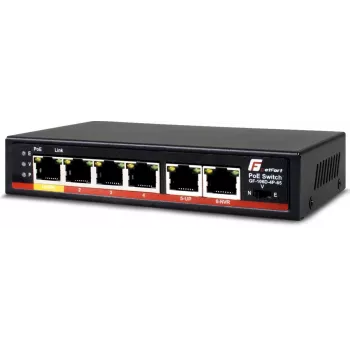 GETFORT GF-106D-4P-65 6-Port Fast Ethernet PoE+ Switch mit 4 PoE-Ports und 2 Uplink-Ports, 65W Budget, Metall Desktop
