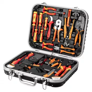 NEO TOOLS 25-teiliges Elektriker-Werkzeugkoffer-Set, VDE-isolierte Handwerkzeuge mit Spannungsprüfer, Abisolierzange, Zangen, Schraubendrehern und Zubehör im robusten Kunststoffkoffer