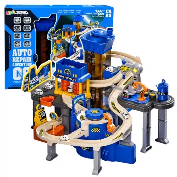 LEAN TOYS Interaktives Spielset: Parkhaus, Werkstatt und Autowaschanlage mit 8 blauen Autos