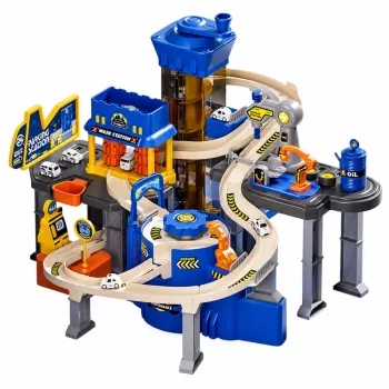 LEAN TOYS Interaktives Spielset: Parkhaus, Werkstatt und Autowaschanlage mit 8 blauen Autos