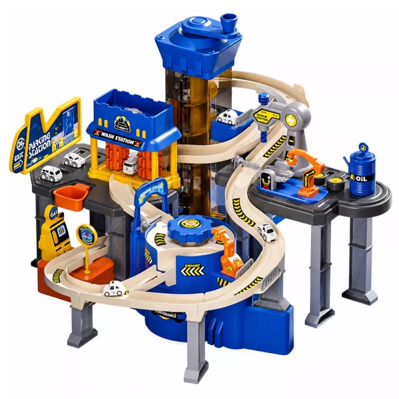 LEAN TOYS Interaktives Spielset: Parkhaus, Werkstatt und Autowaschanlage mit 8 blauen Autos