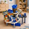 LEAN TOYS Interaktives Spielset: Parkhaus, Werkstatt und Autowaschanlage mit 8 blauen Autos