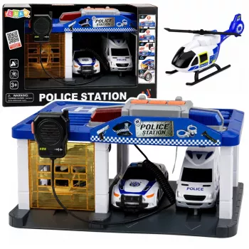 LEAN TOYS Polizeistation Garage mit 2 Autos, Hubschrauber, Walkie-Talkie, Licht & Sound | 31588