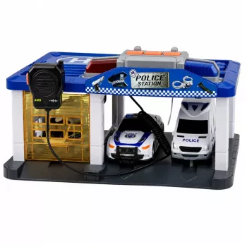 LEAN TOYS Polizeistation Garage mit 2 Autos, Hubschrauber, Walkie-Talkie, Licht & Sound | 31588