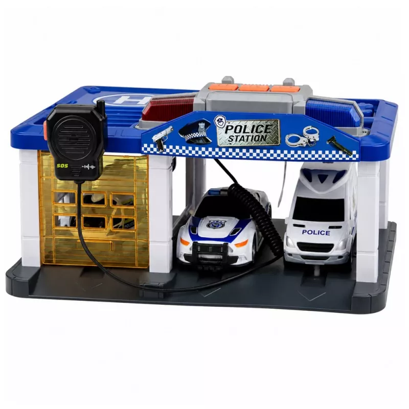 LEAN TOYS Polizeistation Garage mit 2 Autos, Hubschrauber, Walkie-Talkie, Licht & Sound | 31588