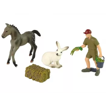 LEAN TOYS Tierfiguren-Set Pferd Grauer Hase Bauer