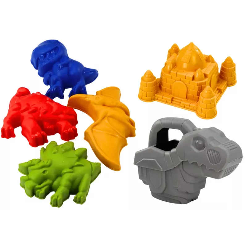 LEAN TOYS Sandeimer-Set mit Dusche, Spachtel, Rechen, Formen, Dinosaurier