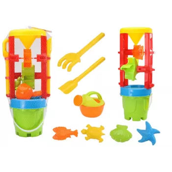 LEAN TOYS 18546 Sandspielzeug-Set mit großem Sandmühle, Eimer und bunten Formen – 7-teiliges Strand- und Sandkasten-Spielset für Kinder ab 12 Monaten