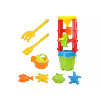 LEAN TOYS 18546 Sandspielzeug-Set mit großem Sandmühle, Eimer und bunten Formen – 7-teiliges Strand- und Sandkasten-Spielset für Kinder ab 12 Monaten