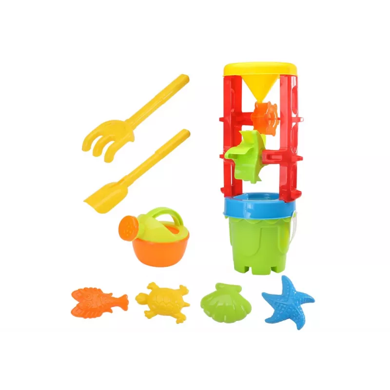 LEAN TOYS 18546 Sandspielzeug-Set mit großem Sandmühle, Eimer und bunten Formen – 7-teiliges Strand- und Sandkasten-Spielset für Kinder ab 12 Monaten