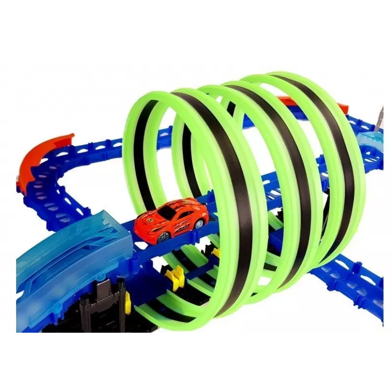 LEAN TOYS Rennstrecke, die im Dunkeln leuchtet, mit Loops und ferngesteuertem Auto