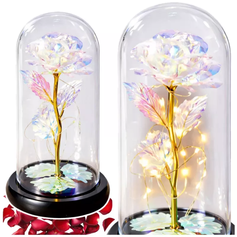 LEAN Ewige Rose in einer Glas-Kristallkuppel, bunte LED-Beleuchtung, 21x11cm