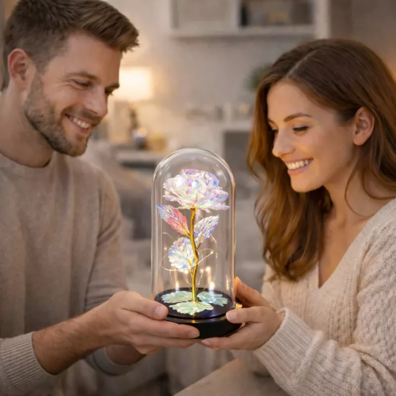 LEAN Ewige Rose in einer Glas-Kristallkuppel, bunte LED-Beleuchtung, 21x11cm