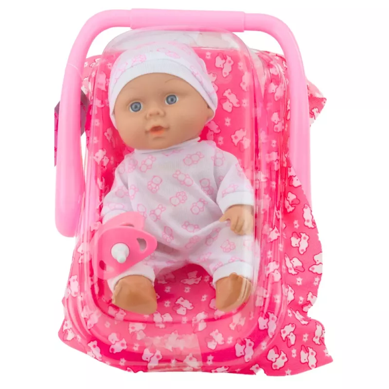 LEAN TOYS Babypuppe in Tragetasche mit Pyjama, Mütze und Schnuller, Rosa