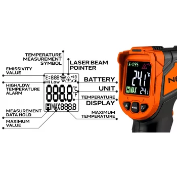 NEO TOOLS 75-276 Pyrometer, berührungsloses Infrarot-Thermometer mit Doppel-Laser-Zielvorrichtung, -50°C bis 880°C, 12:1 D:S, einstellbarer Emissionsgrad, hintergrundbeleuchtetes LCD