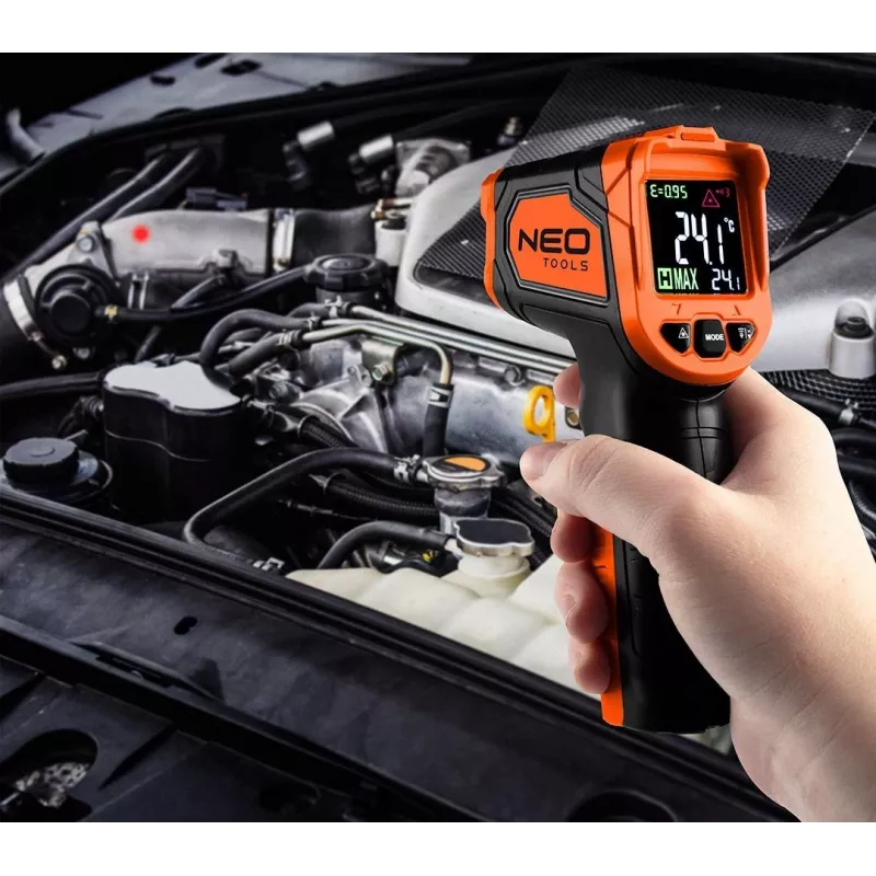 NEO TOOLS 75-276 Pyrometer, berührungsloses Infrarot-Thermometer mit Doppel-Laser-Zielvorrichtung, -50°C bis 880°C, 12:1 D:S, einstellbarer Emissionsgrad, hintergrundbeleuchtetes LCD