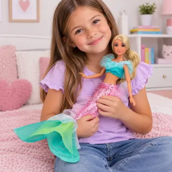 LEAN TOYS Anlily Meerjungfrau-Puppe mit Pailletten-Schwanz, Spiegel und Kamm