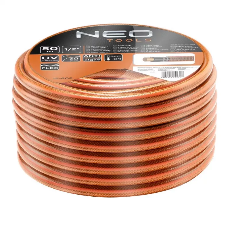 NEO TOOLS 15-802 1/2 Zoll x 50 m 4-lagiger Gartenschlauch, 25 bar Berstdruck, UV- und algenbeständig, knickfrei, flexibles PVC, grün
